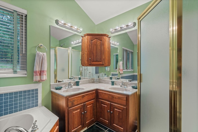 681 Pinhook Rd, Calhoun, TN 37309 - full bath with vaulted ceiling, a shower stall, double vanity, and a garden tub