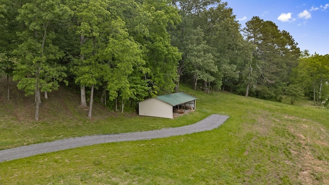681 Pinhook Rd, Calhoun, TN 37309 - view of green lawn with an outbuilding, an outdoor structure, and a view of trees