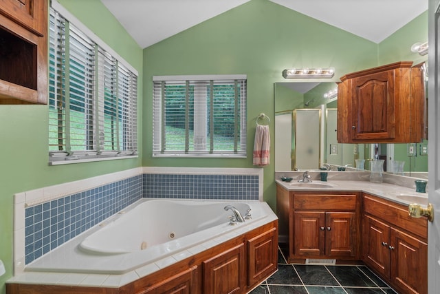 681 Pinhook Rd, Calhoun, TN 37309 - full bathroom featuring vaulted ceiling, a stall shower, a tub with jets, and double vanity