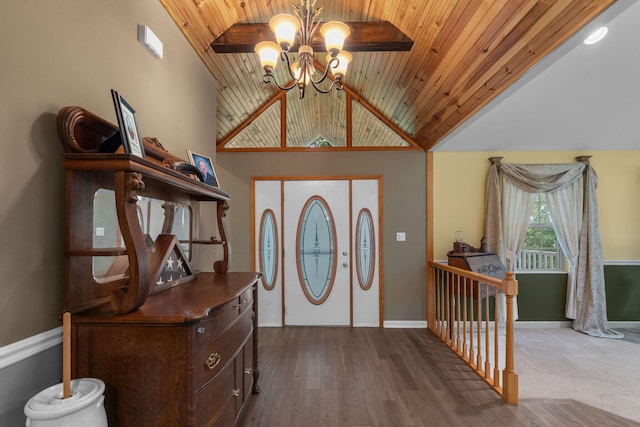 681 Pinhook Rd, Calhoun, TN 37309 - foyer with a chandelier, vaulted ceiling, wooden ceiling, baseboards, and wood finished floors
