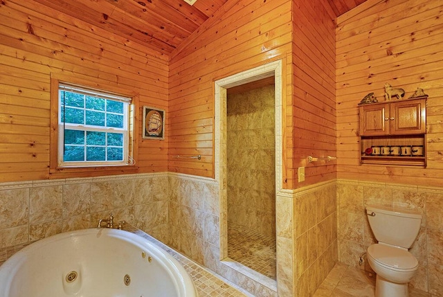 865 Ewing Rd, Spring City, TN 37381 - bathroom with a tub with jets, wood ceiling, lofted ceiling, wood walls, and tile walls