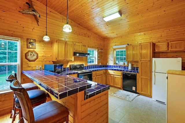 865 Ewing Rd, Spring City, TN 37381 - kitchen featuring black appliances, under cabinet range hood, tile counters, a peninsula, and a breakfast bar area
