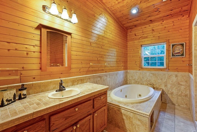 865 Ewing Rd, Spring City, TN 37381 - full bathroom with vanity, a jetted tub, wooden ceiling, tile patterned flooring, and wood walls