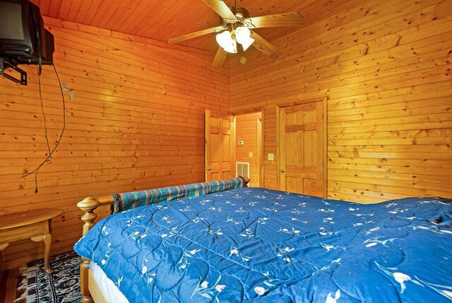 865 Ewing Rd, Spring City, TN 37381 - bedroom featuring wooden walls, wood ceiling, and a ceiling fan