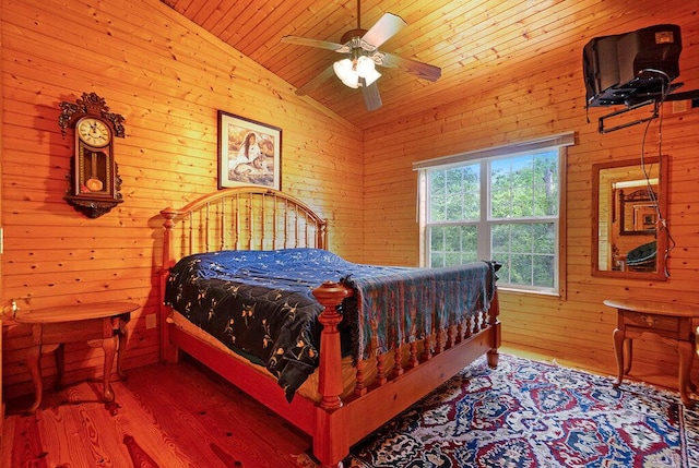 865 Ewing Rd, Spring City, TN 37381 - bedroom with lofted ceiling, wood finished floors, wooden ceiling, wood walls, and a ceiling fan