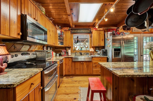 362 River Run Rd, Calhoun, TN 37309 - kitchen with appliances with stainless steel finishes, a sink, light wood-type flooring, brown cabinets, and wooden ceiling