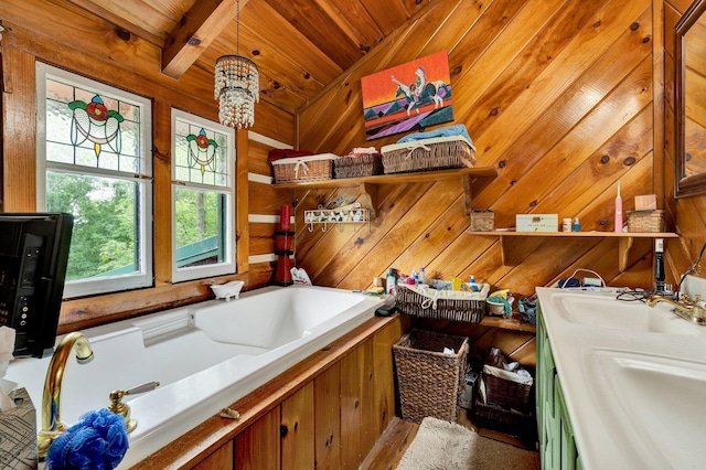 362 River Run Rd, Calhoun, TN 37309 - full bathroom with wood ceiling, a bath, wooden walls, and double vanity