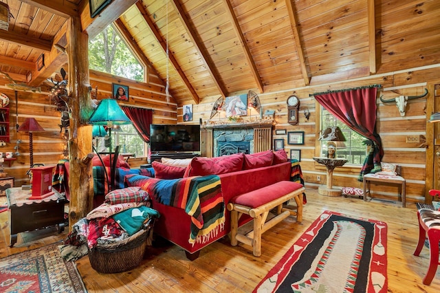 362 River Run Rd, Calhoun, TN 37309 - living area with wooden ceiling, wood walls, wood-type flooring, beam ceiling, and high vaulted ceiling