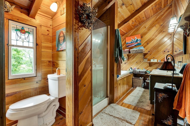 362 River Run Rd, Calhoun, TN 37309 - full bathroom featuring wooden walls, wood-type flooring, toilet, wood ceiling, and a stall shower