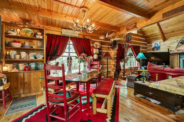 362 River Run Rd, Calhoun, TN 37309 - dining area featuring a chandelier, wood ceiling, hardwood / wood-style floors, and wooden walls