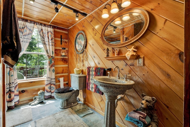 362 River Run Rd, Calhoun, TN 37309 - bathroom featuring wooden ceiling, wood walls, track lighting, and tile patterned floors