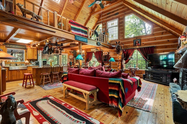 362 River Run Rd, Calhoun, TN 37309 - living area featuring hardwood / wood-style flooring, wood ceiling, lofted ceiling, ceiling fan, and wooden walls