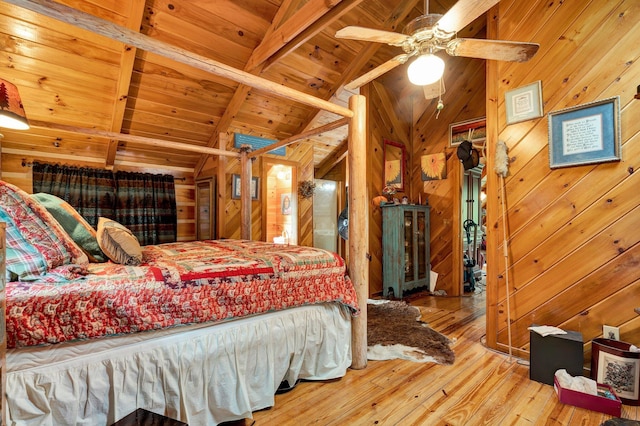 362 River Run Rd, Calhoun, TN 37309 - bedroom with wooden ceiling, hardwood / wood-style flooring, wood walls, and a ceiling fan