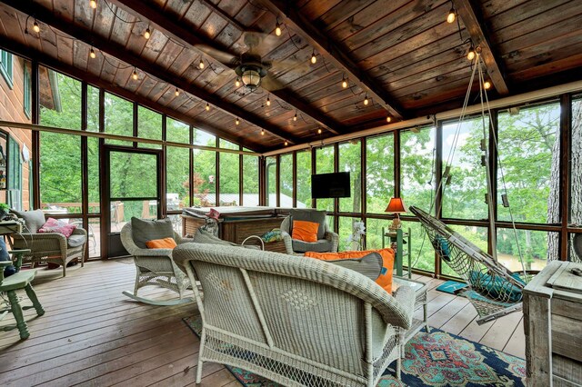 362 River Run Rd, Calhoun, TN 37309 - sunroom / solarium featuring a hot tub, rail lighting, and healthy amount of natural light