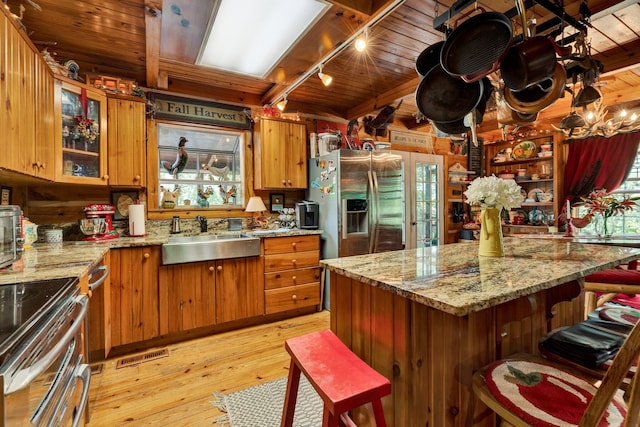 362 River Run Rd, Calhoun, TN 37309 - kitchen with a sink, brown cabinetry, appliances with stainless steel finishes, a breakfast bar, and wood ceiling