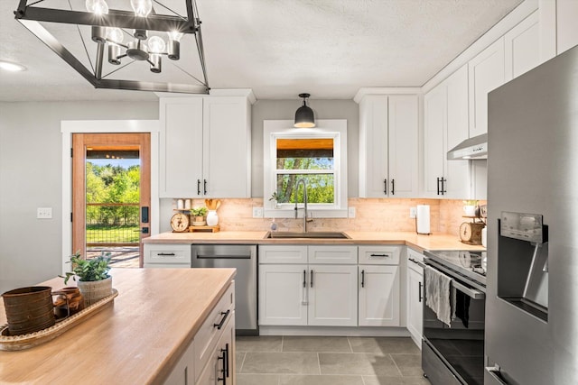 kitchen featuring plenty of natural light, under cabinet range hood, stainless steel appliances, and a sink