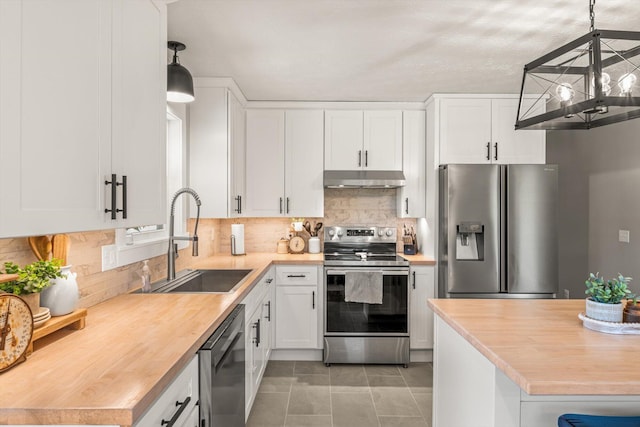 kitchen with under cabinet range hood, decorative backsplash, appliances with stainless steel finishes, and a sink