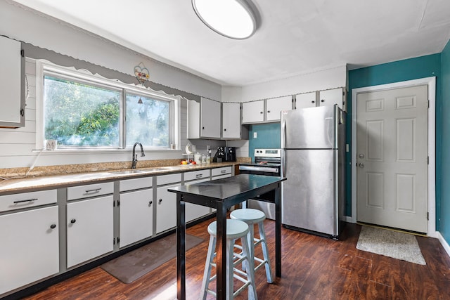 kitchen featuring white cabinets, sink, dark wood-type flooring, and appliances with stainless steel finishes