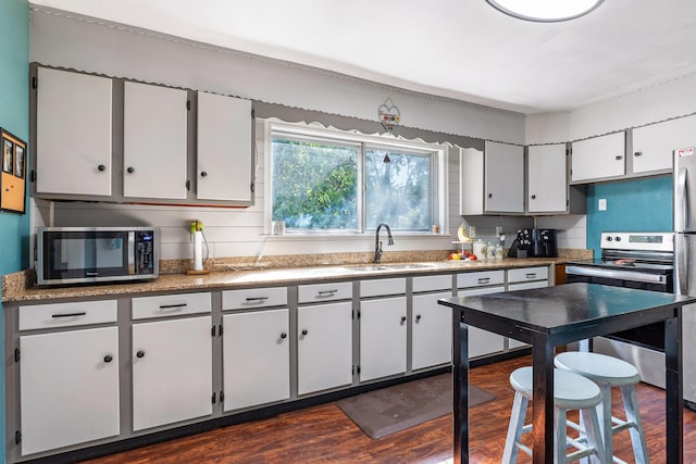 kitchen featuring white cabinets, stainless steel appliances, dark hardwood / wood-style floors, and sink