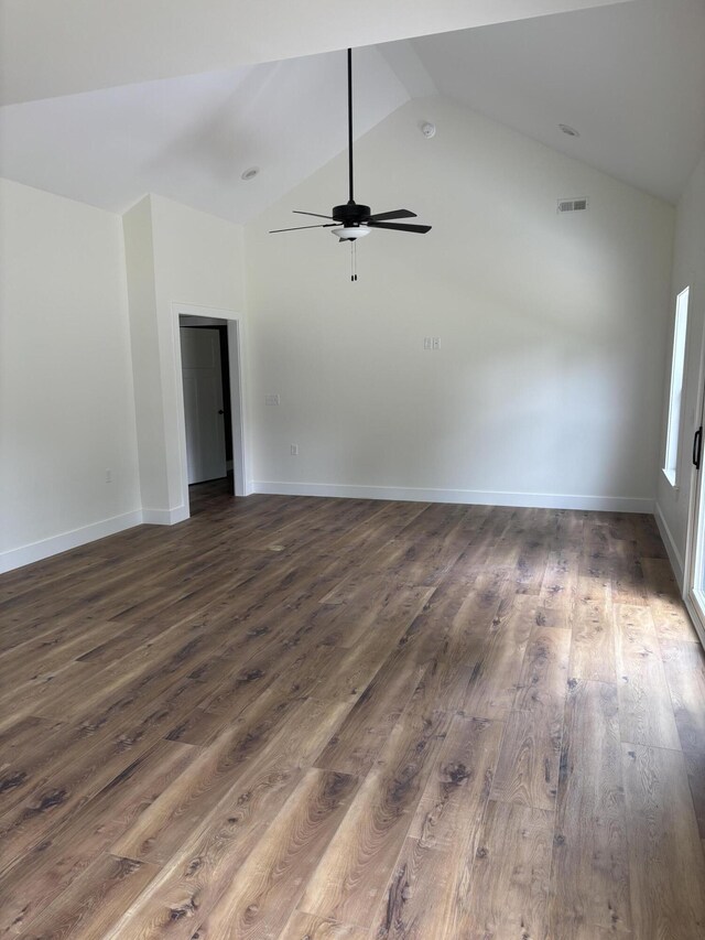 2901 Bobo Ave NW, Cleveland, TN 37312 - spare room featuring a ceiling fan, dark wood finished floors, and high vaulted ceiling