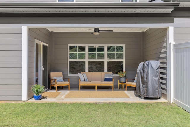 view of patio featuring an outdoor hangout area and ceiling fan