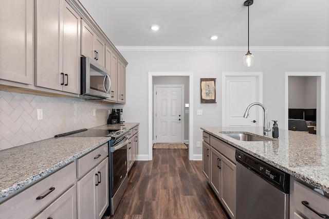 kitchen featuring crown molding, sink, dark hardwood / wood-style floors, light stone countertops, and appliances with stainless steel finishes