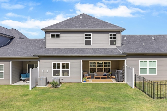 back of property featuring an outdoor living space, a patio, and central AC unit