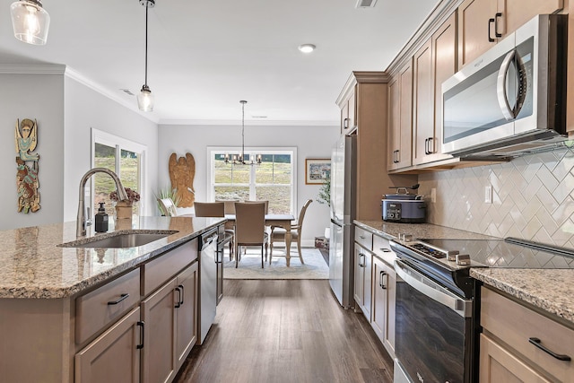 kitchen with sink, ornamental molding, a notable chandelier, dark hardwood / wood-style flooring, and stainless steel appliances