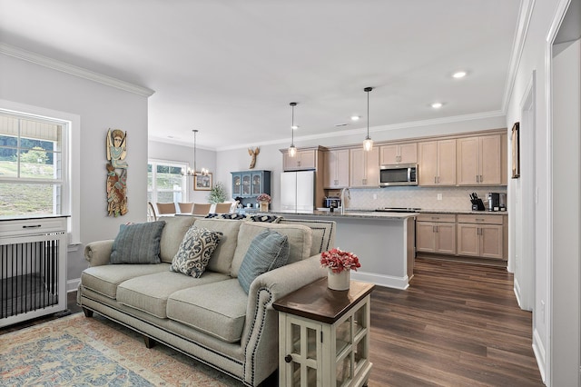 living room featuring sink, dark hardwood / wood-style flooring, crown molding, and an inviting chandelier