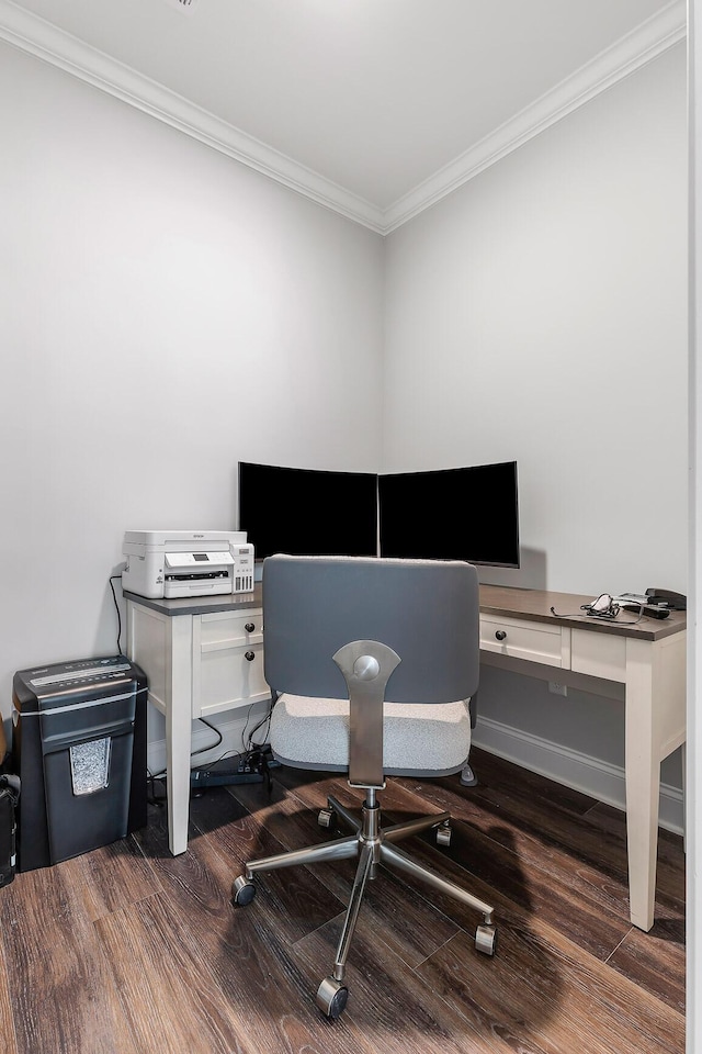 office space featuring crown molding and dark hardwood / wood-style floors