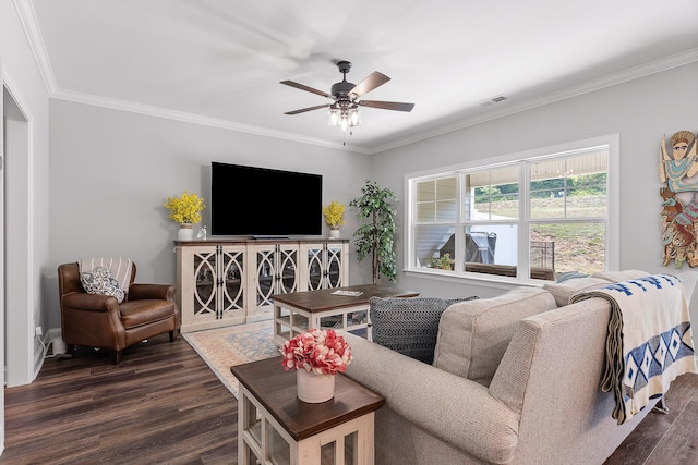 living room with ceiling fan, dark hardwood / wood-style floors, and ornamental molding