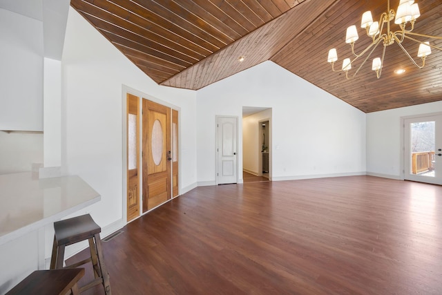 unfurnished living room featuring dark wood-type flooring, an inviting chandelier, wood ceiling, and lofted ceiling