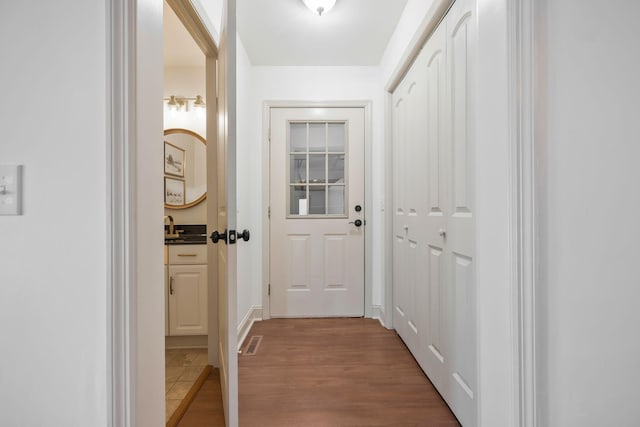 doorway with hardwood / wood-style flooring and sink