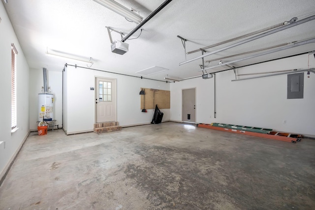 garage featuring electric panel, water heater, and a garage door opener