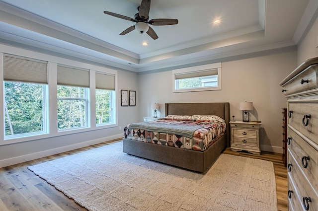 bedroom featuring a tray ceiling, multiple windows, ceiling fan, and light hardwood / wood-style floors