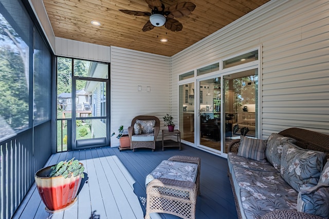 sunroom featuring ceiling fan and wooden ceiling