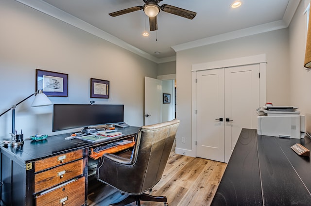 office with crown molding, light hardwood / wood-style flooring, and ceiling fan