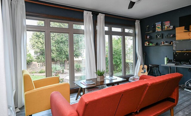 living room featuring ceiling fan and wood-type flooring