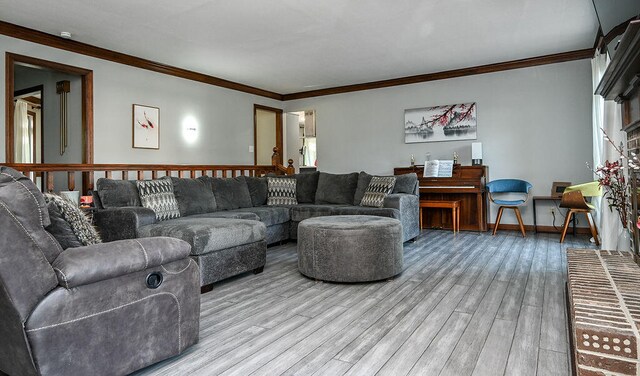 living room featuring a fireplace, wood-type flooring, and crown molding