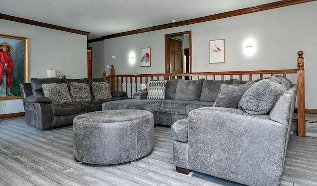 living room featuring crown molding and hardwood / wood-style floors