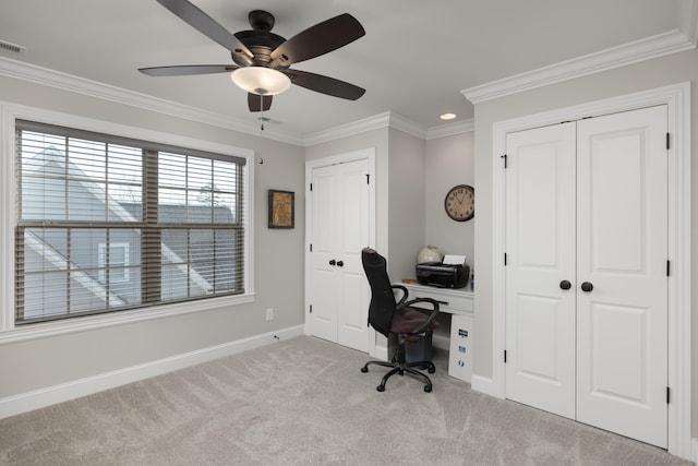 5755 Frontage Rd NW, Cleveland, TN 37312 - home office with ornamental molding, baseboards, light carpet, and a ceiling fan