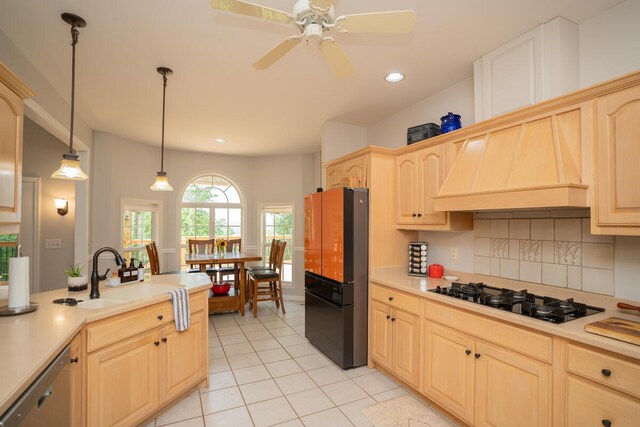 328 Mill Hamlet Rd NW, Charleston, TN 37310 - kitchen featuring black appliances, a sink, light brown cabinetry, custom exhaust hood, and recessed lighting