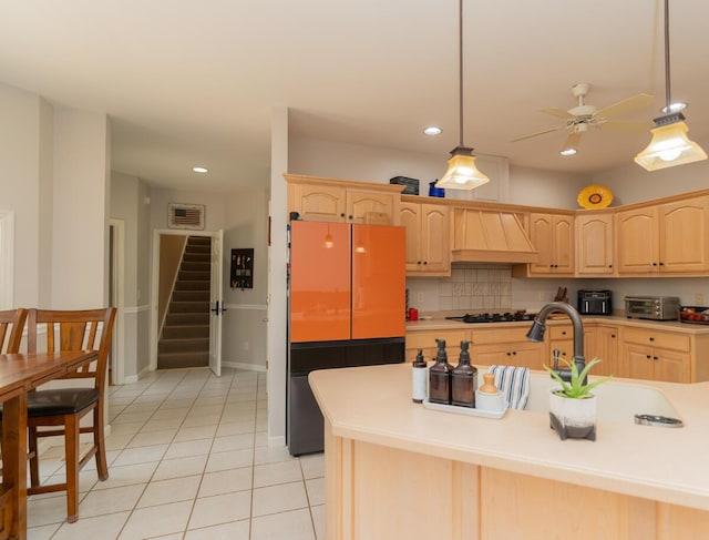 328 Mill Hamlet Rd NW, Charleston, TN 37310 - kitchen featuring freestanding refrigerator, light brown cabinets, custom range hood, a ceiling fan, and recessed lighting