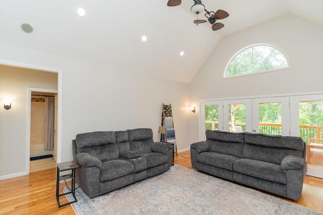 328 Mill Hamlet Rd NW, Charleston, TN 37310 - living room with a ceiling fan, high vaulted ceiling, plenty of natural light, wood finished floors, and recessed lighting