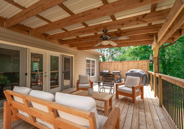 328 Mill Hamlet Rd NW, Charleston, TN 37310 - deck featuring a ceiling fan, area for grilling, outdoor lounge area, and french doors