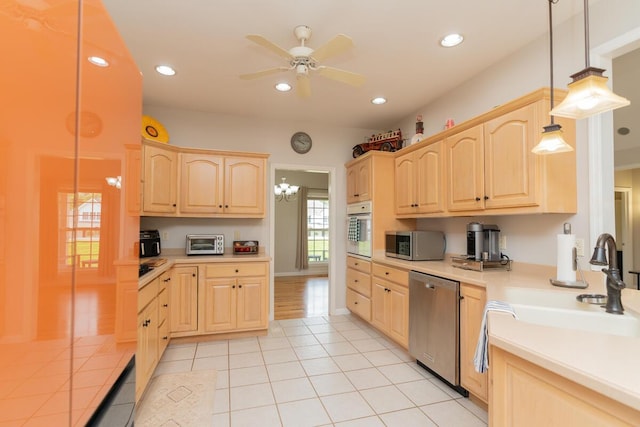 328 Mill Hamlet Rd NW, Charleston, TN 37310 - kitchen featuring light brown cabinetry, appliances with stainless steel finishes, light tile patterned floors, light countertops, and recessed lighting