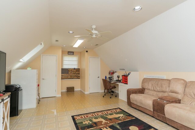 328 Mill Hamlet Rd NW, Charleston, TN 37310 - living room with a skylight, light flooring, vaulted ceiling, ceiling fan, and an office area