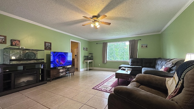 122 Meredith Dr, Turtletown, TN 37391 - living area featuring light tile patterned floors, ceiling fan, ornamental molding, a textured ceiling, and baseboards