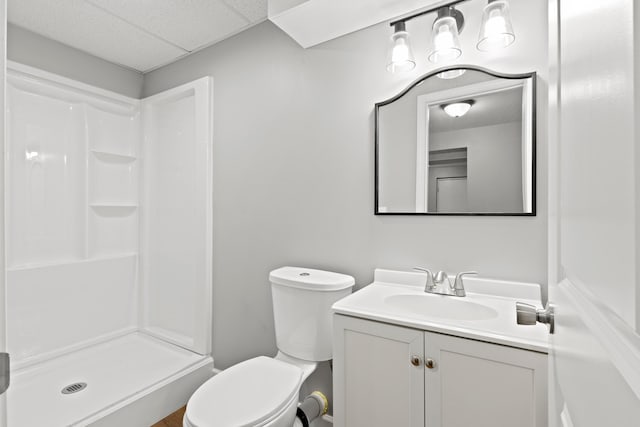 bathroom with a shower, vanity, and toilet