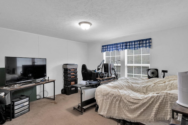 bedroom with a textured ceiling and carpet floors